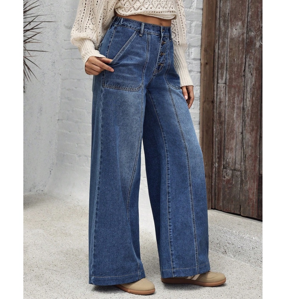 Dark Wash  Blue Wide leg Button Fly Wide leg Denim Jeans - Picture 7 of 8